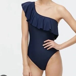 J Crew Blue One Shoulder Ruffled Swimsuit Size 8